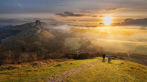 An early morning view across Corfe Castle, Dorset in winter